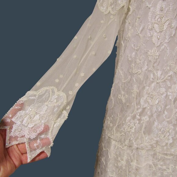 VTG SCALA M Lace Beaded Romantic Wedding Flapper Drop Waist Midi Maxi Dress - Picture 6 of 15